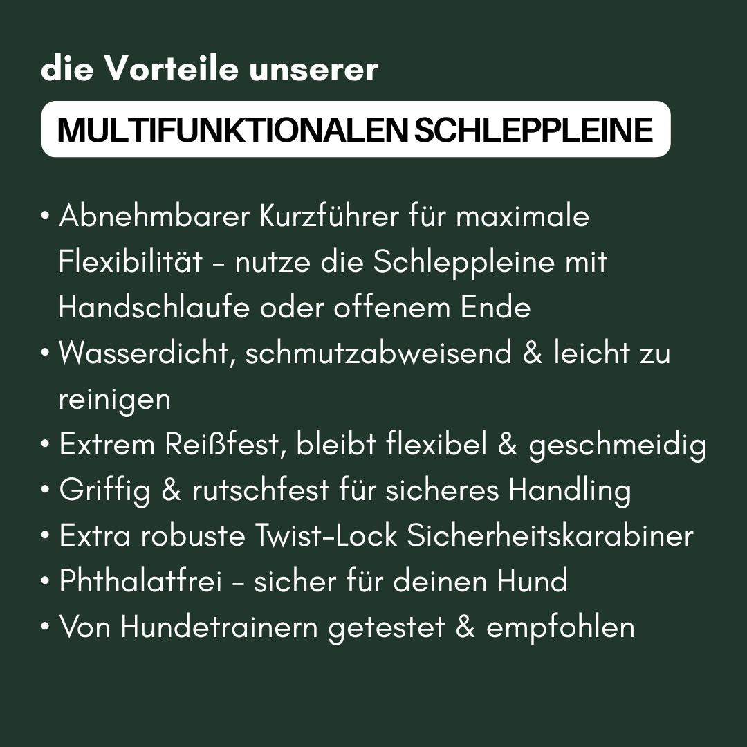 Dunkelgrünes Infofeld mit weißen Bulletpunkten: Vorteile der Schleppleine – wasserdicht, reißfest, griffig