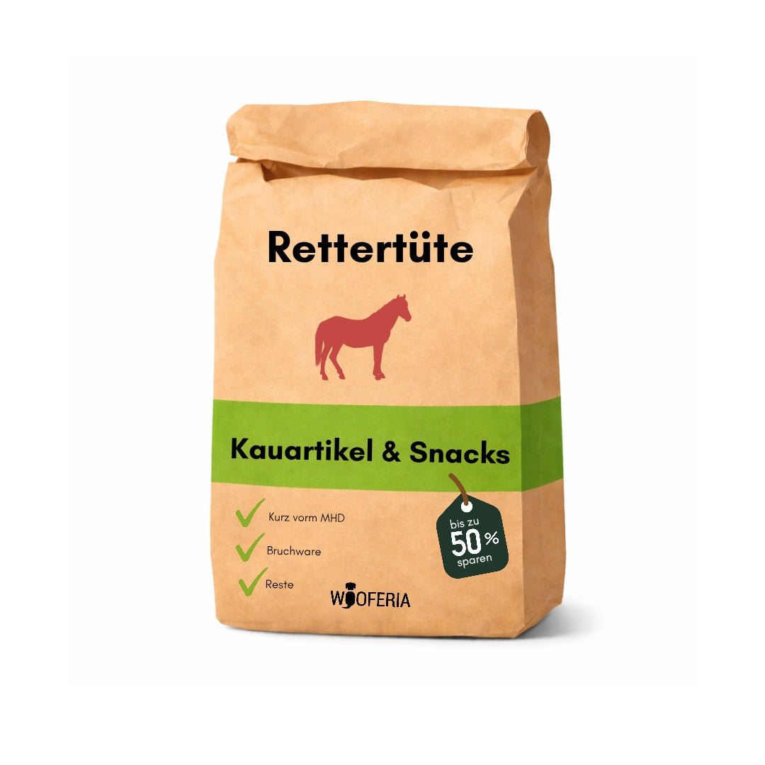 Braune Papiertüte 'Rettertüte Pferd' mit rotem Pferdssymbol, grüner Banderole und Preisschild 'bis zu 50% sparen'
