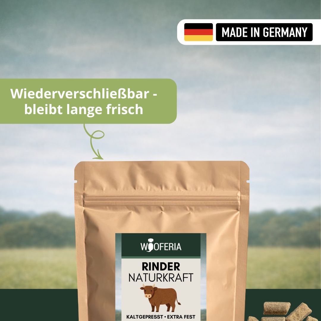 Kraftbrauner, wiederverschließbarer Standbeutel mit „Rinder Naturkraft“-Label, Kuh-Illustration und Hundesnack-Stücken