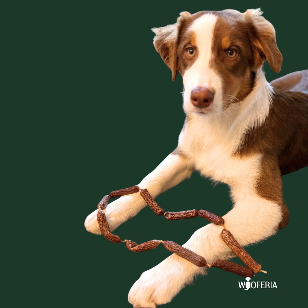 Braun-weißer Hund liegend, Pfoten nach vorn, mit Kette aus kleinen Rinder-Würstchen vor dunkelgrünem Hintergrund