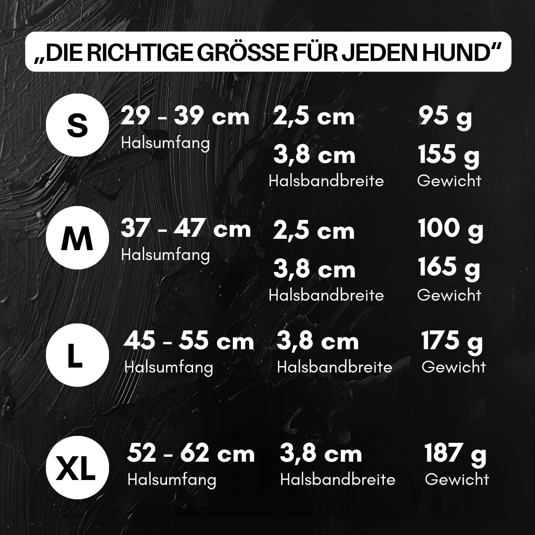 Größentabelle für WOOFLEX® Phantom Black Halsband auf schwarzem Hintergrund – S, M, L, XL mit Halsumfang, Breite und Gewicht