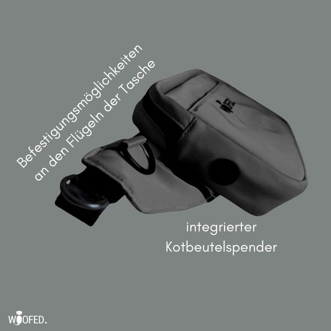 Graue Gassitasche in Schrägansicht, offener Flügel mit D‑Ring und sichtbarer runder Öffnung für Kotbeutelspender