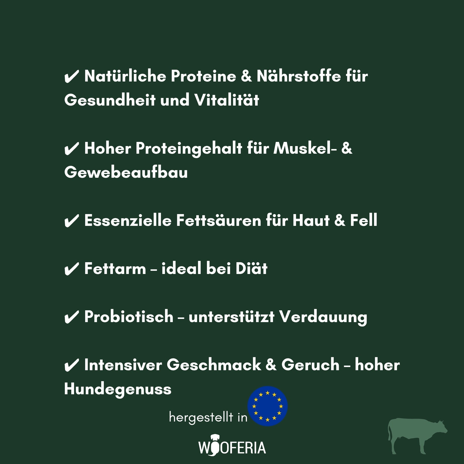 Dunkelgrüner Banner mit weißen Häkchen und Text: natürliche Proteine, hoher Proteingehalt, fettarm, probiotisch, EU‑Logo
