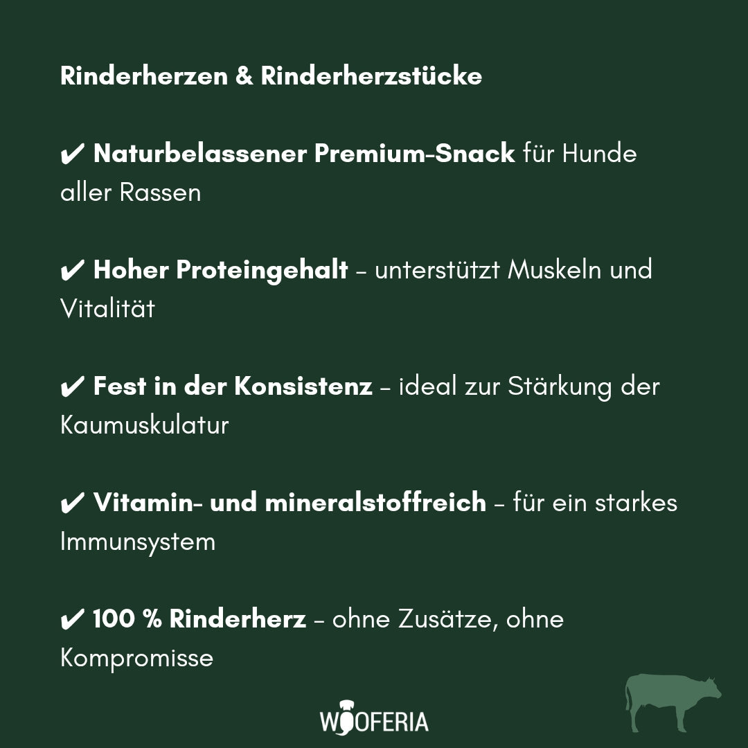 Dunkelgrüne Infografik mit weißen Häkchen und Text zu Rinderherzen, WoOFERIA‑Logo und Kuh‑Silhouette