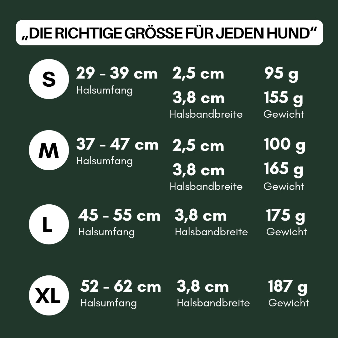 Größentabelle für WOOFLEX® Hunting Green Halsband, dunkelgrüner Hintergrund, S–XL Halsumfänge, Halsbandbreite und Gewicht