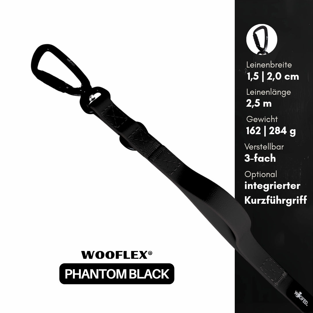 Schräg gezeigte schwarze verstellbare Hundeleine mit Twist-Lock-Karabiner und Kurzführgriff