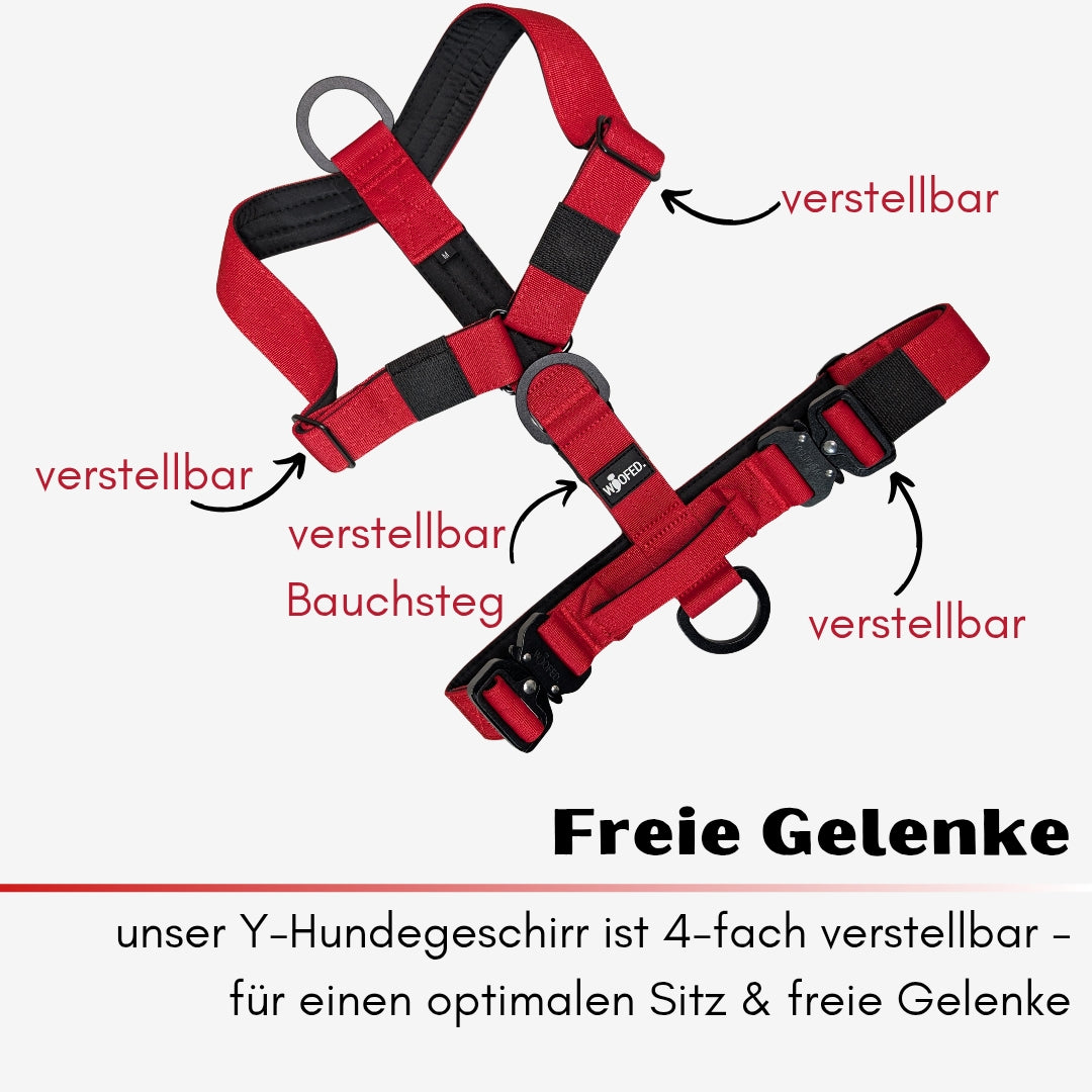 Y-Hundegeschirr 4fach-verstellbar mit Griff und Sicherheitsschnallen Rosso Red - ultraleicht
