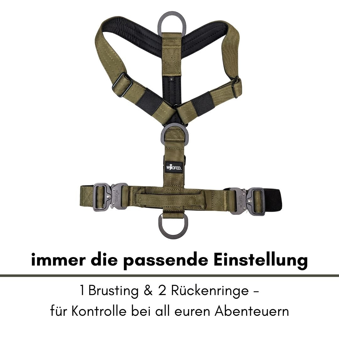 Y-Hundegeschirr 4fach-verstellbar mit Griff und Sicherheitsschnallen Military Olive - ultraleicht