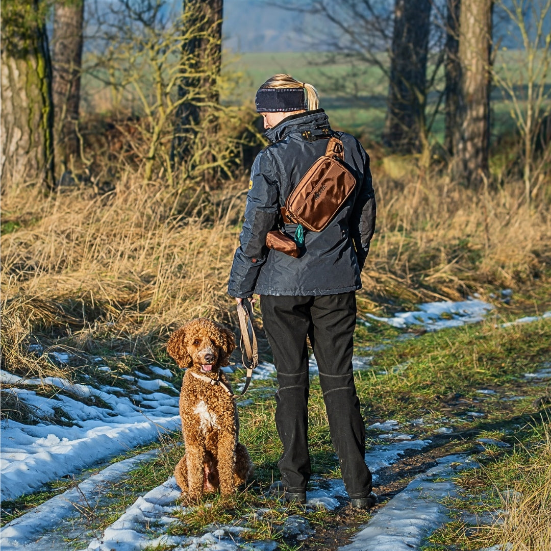 Rückansicht: kupferbraune Gassitasche quer getragen mit kleinem Beutel, Hund an Leine auf verschneitem Feldweg