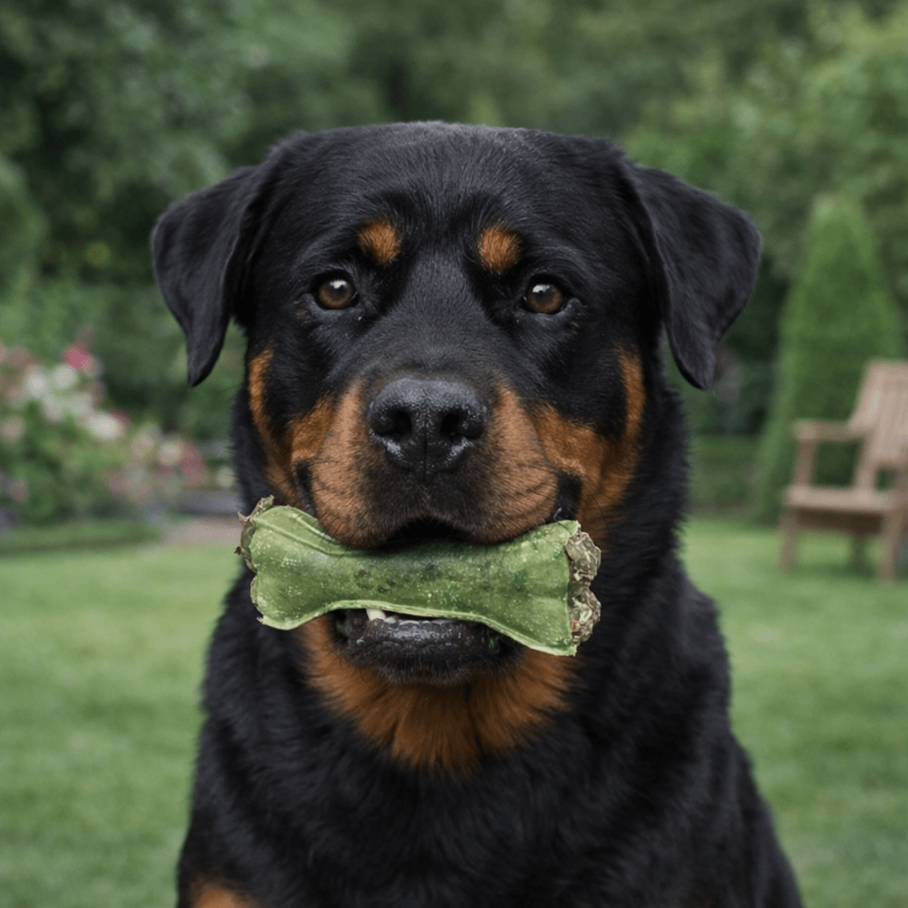 Nahaufnahme eines Rottweilers im Garten, frontal, hält grünen Salbei-Kauknochen im Maul