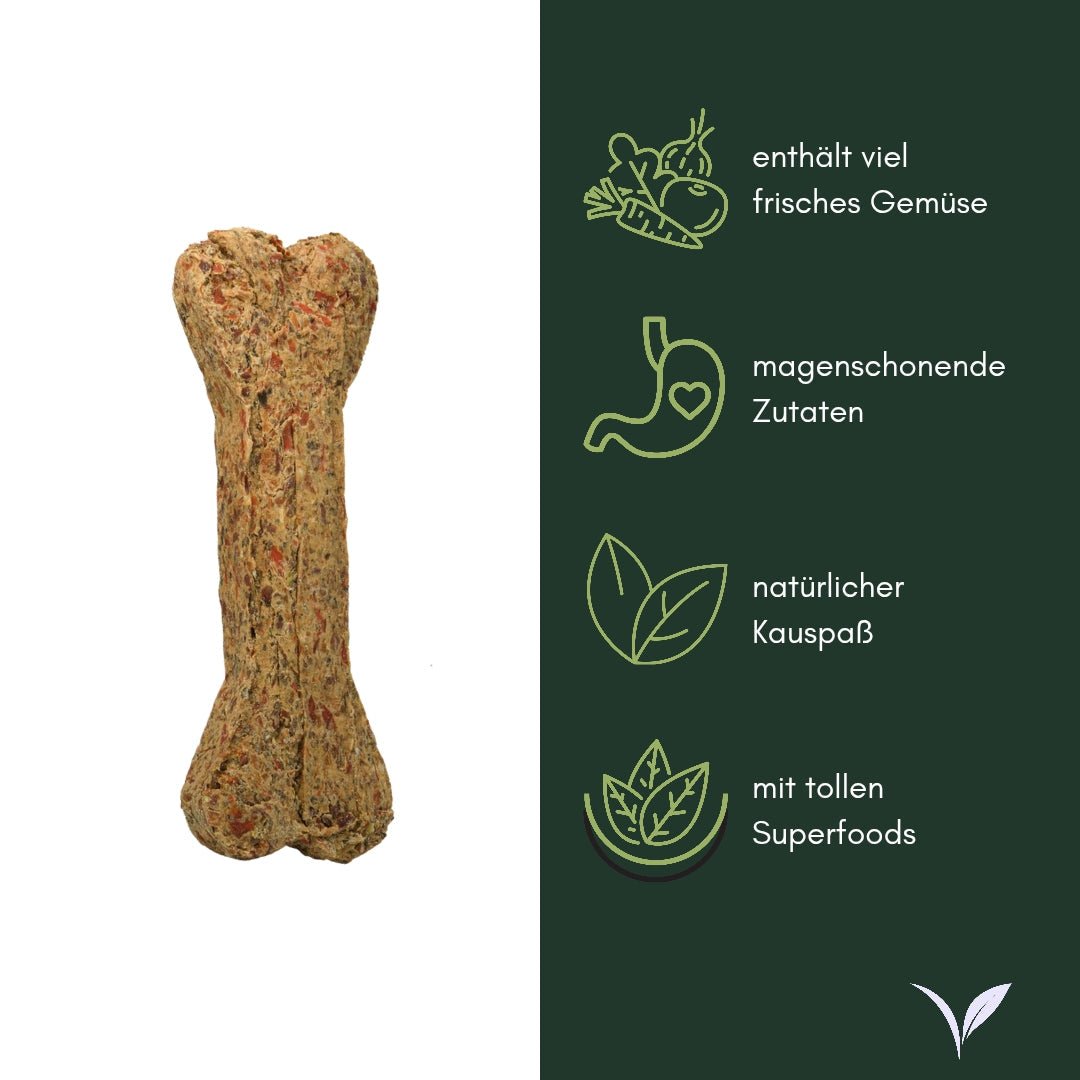 Beige-brauner vegetarischer Kauknochen mit roten und grünen Einsprengseln auf weißem Hintergrund neben grünem Infobereich