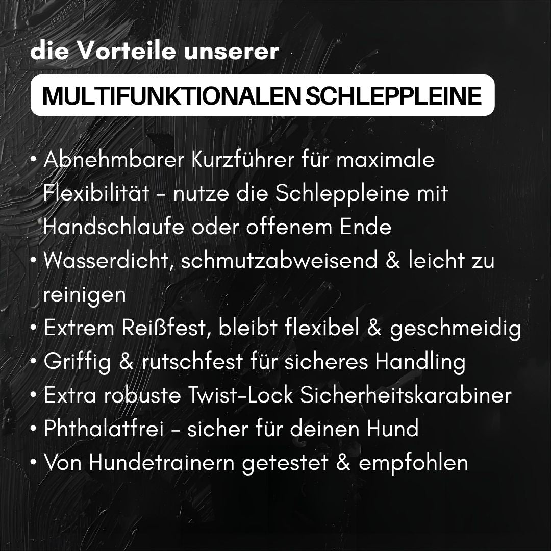 Schwarzes Infografik-Panel frontal mit weißen Bullet-Texten und Titel zur multifunktionalen Schleppleine
