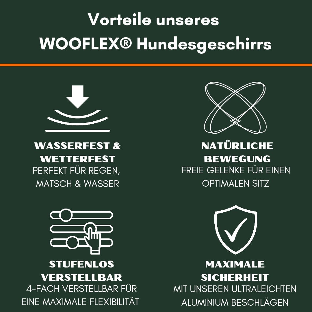 Dunkelgrüne Infografik: WOOFLEX® Hundegeschirr — wasserfest, verstellbar, freie Bewegung, hohe Sicherheit