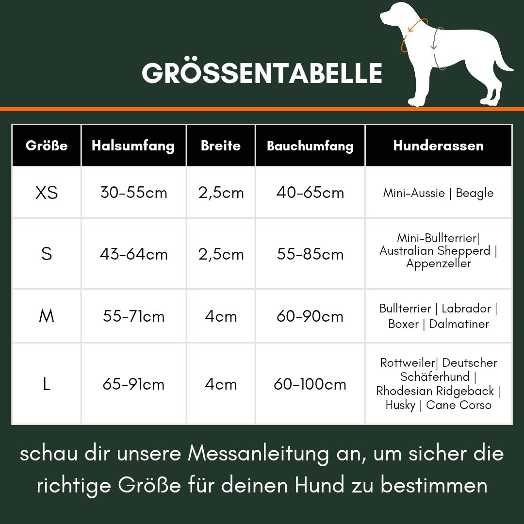 Größentabelle für WOOFLEX Y‑Hundegeschirr auf dunkelgrünem Hintergrund, Größen XS–L mit Hals- und Bauchumfangsangaben